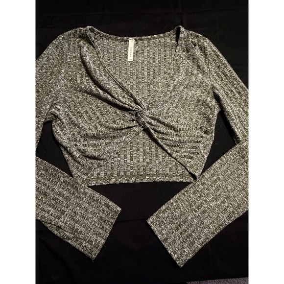 Chocolate Tops - Chocolate Olive Green Ribbed Twist Front Crop Top Womens L Long Sleeve Stretch